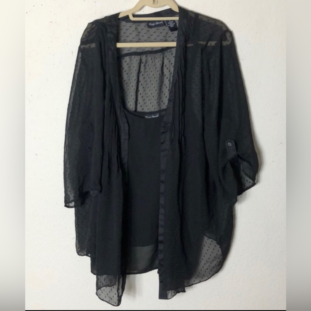 Vintage Maggie Barnes Top with sheer dots & attached black shell 2X